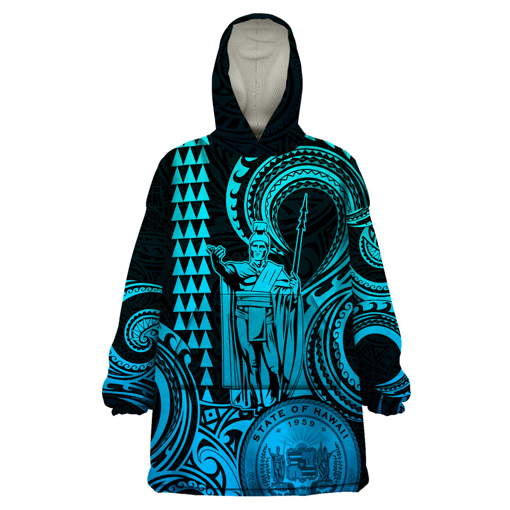 Custom Happy King Kamehameha Day Hawaii Wearable Blanket Hoodie Paradise of the Pacific Tribal Kakau with Kanaka Maoli - Aqua - Wonder Print Shop