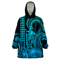 Custom Happy King Kamehameha Day Hawaii Wearable Blanket Hoodie Paradise of the Pacific Tribal Kakau with Kanaka Maoli - Aqua - Wonder Print Shop