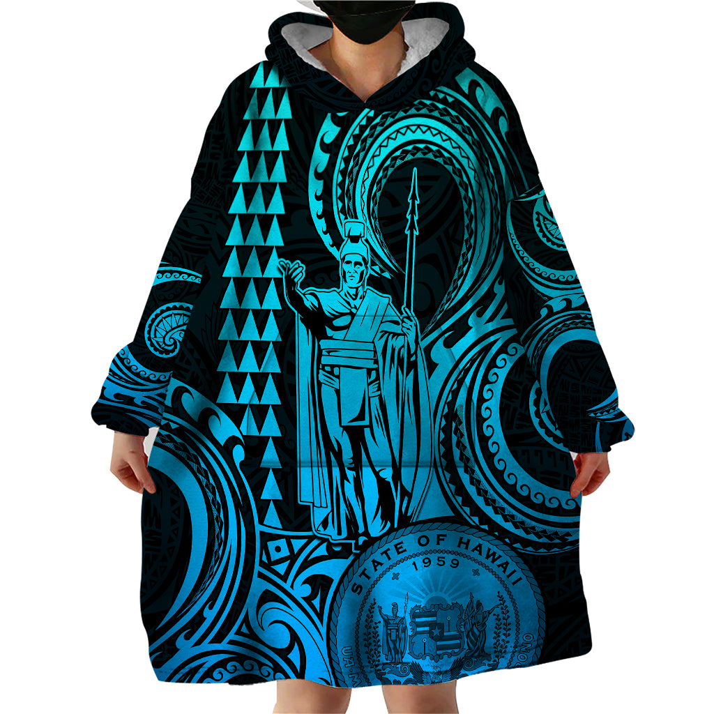 Custom Happy King Kamehameha Day Hawaii Wearable Blanket Hoodie Paradise of the Pacific Tribal Kakau with Kanaka Maoli - Aqua - Wonder Print Shop