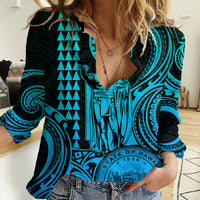 Custom Happy King Kamehameha Day Hawaii Women Casual Shirt Paradise of the Pacific Tribal Kakau with Kanaka Maoli - Aqua - Wonder Print Shop