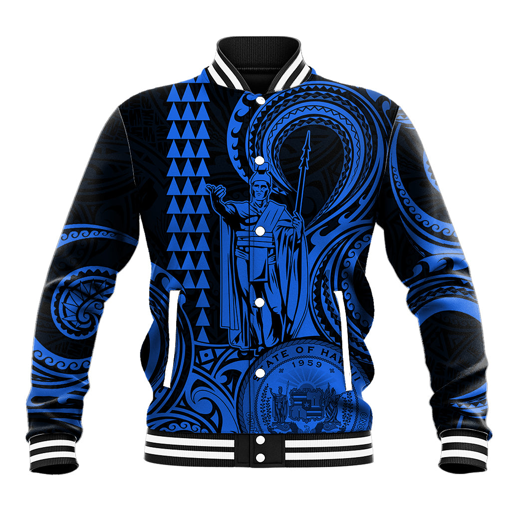 Custom Happy King Kamehameha Day Hawaii Baseball Jacket Paradise of the Pacific Tribal Kakau with Kanaka Maoli - Blue LT9 - Wonder Print Shop