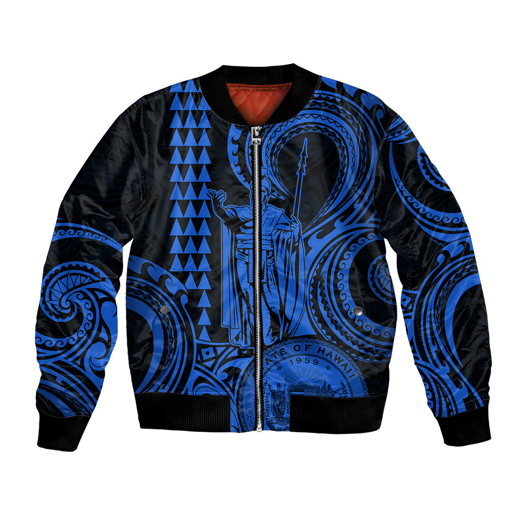 Custom Happy King Kamehameha Day Hawaii Bomber Jacket Paradise of the Pacific Tribal Kakau with Kanaka Maoli - Blue LT9 - Wonder Print Shop