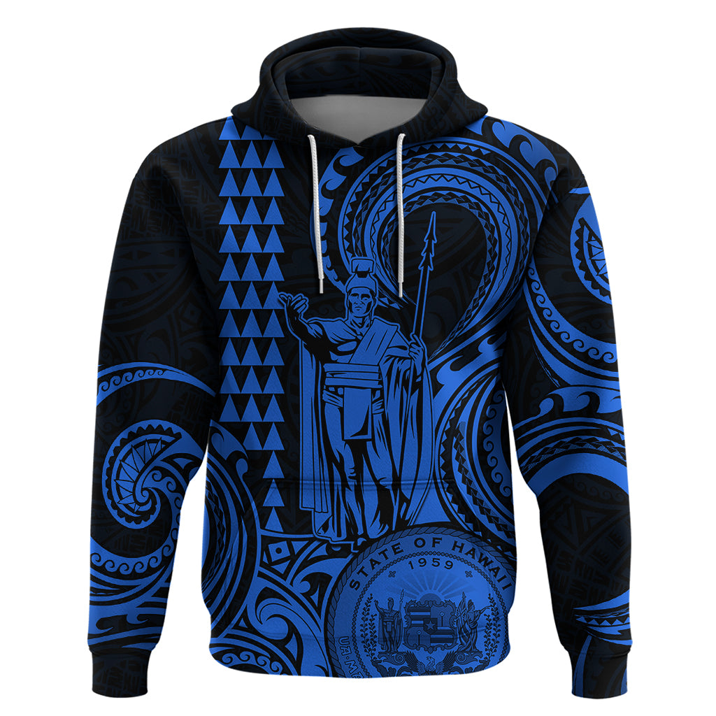 Custom Happy King Kamehameha Day Hawaii Hoodie Paradise of the Pacific Tribal Kakau with Kanaka Maoli - Blue - Wonder Print Shop