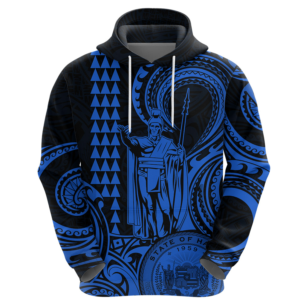 Custom Happy King Kamehameha Day Hawaii Hoodie Paradise of the Pacific Tribal Kakau with Kanaka Maoli - Blue - Wonder Print Shop