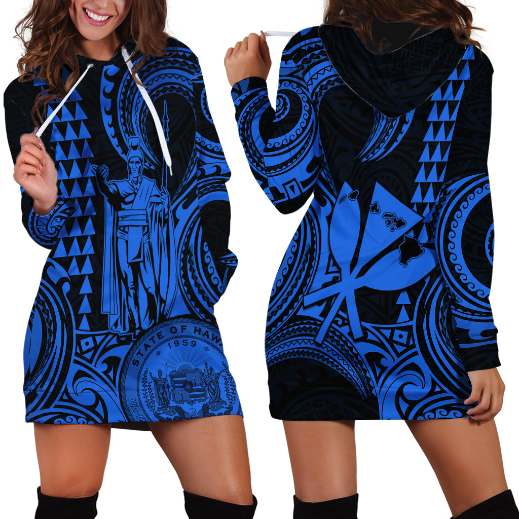 Custom Happy King Kamehameha Day Hawaii Hoodie Dress Paradise of the Pacific Tribal Kakau with Kanaka Maoli - Blue - Wonder Print Shop