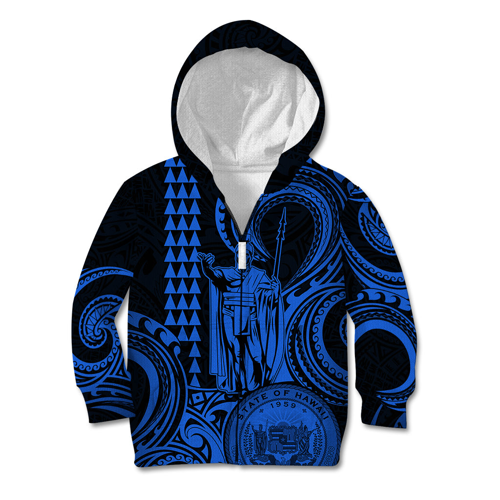 Custom Happy King Kamehameha Day Hawaii Kid Hoodie Paradise of the Pacific Tribal Kakau with Kanaka Maoli - Blue - Wonder Print Shop