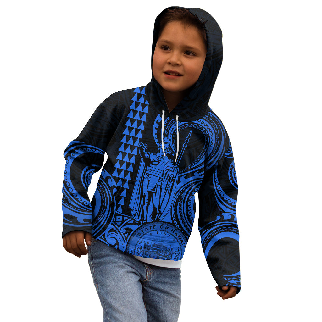 Custom Happy King Kamehameha Day Hawaii Kid Hoodie Paradise of the Pacific Tribal Kakau with Kanaka Maoli - Blue - Wonder Print Shop