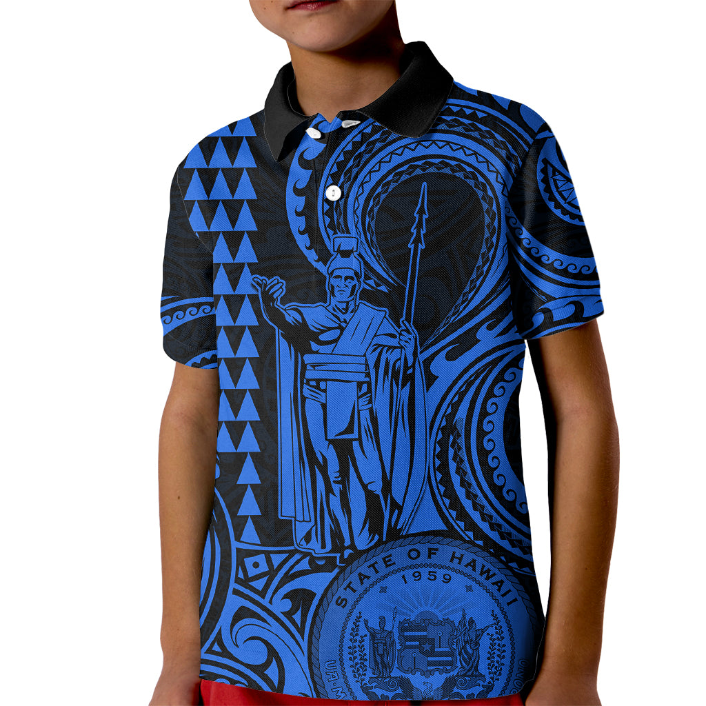 Custom Happy King Kamehameha Day Hawaii Kid Polo Shirt Paradise of the Pacific Tribal Kakau with Kanaka Maoli - Blue - Wonder Print Shop