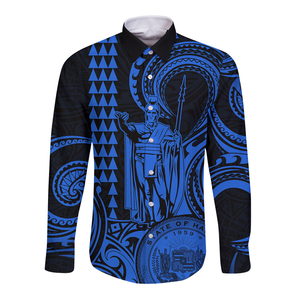 Custom Happy King Kamehameha Day Hawaii Long Sleeve Button Shirt Paradise of the Pacific Tribal Kakau with Kanaka Maoli - Blue - Wonder Print Shop