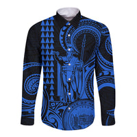 Custom Happy King Kamehameha Day Hawaii Long Sleeve Button Shirt Paradise of the Pacific Tribal Kakau with Kanaka Maoli - Blue - Wonder Print Shop