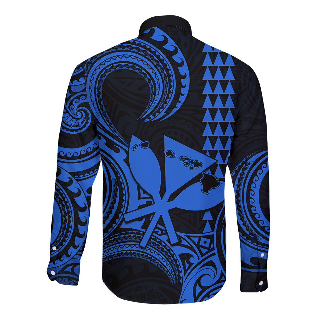 Custom Happy King Kamehameha Day Hawaii Long Sleeve Button Shirt Paradise of the Pacific Tribal Kakau with Kanaka Maoli - Blue - Wonder Print Shop