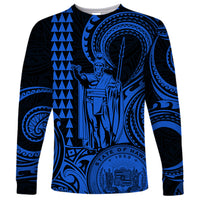 Custom Happy King Kamehameha Day Hawaii Long Sleeve Shirt Paradise of the Pacific Tribal Kakau with Kanaka Maoli - Blue - Wonder Print Shop