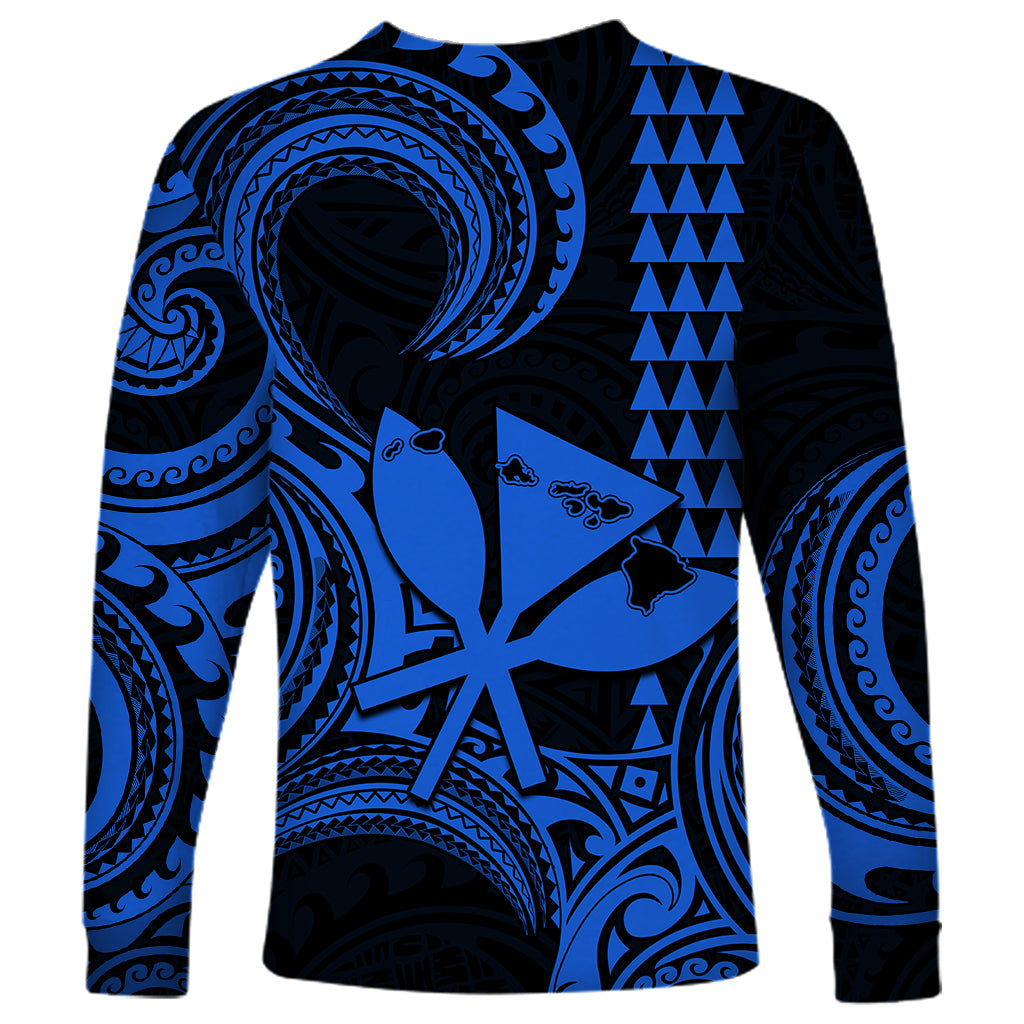 Custom Happy King Kamehameha Day Hawaii Long Sleeve Shirt Paradise of the Pacific Tribal Kakau with Kanaka Maoli - Blue - Wonder Print Shop