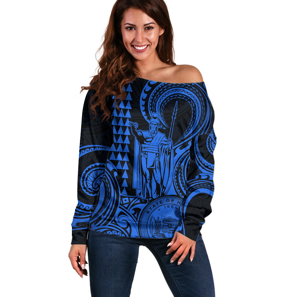 Custom Happy King Kamehameha Day Hawaii Off Shoulder Sweater Paradise of the Pacific Tribal Kakau with Kanaka Maoli - Blue - Wonder Print Shop
