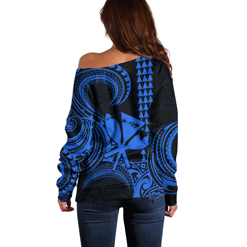 Custom Happy King Kamehameha Day Hawaii Off Shoulder Sweater Paradise of the Pacific Tribal Kakau with Kanaka Maoli - Blue - Wonder Print Shop