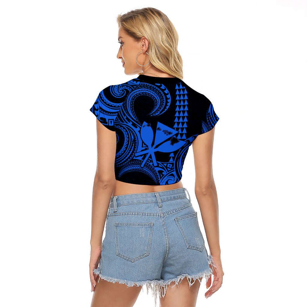Custom Happy King Kamehameha Day Hawaii Raglan Cropped T Shirt Paradise of the Pacific Tribal Kakau with Kanaka Maoli - Blue - Wonder Print Shop