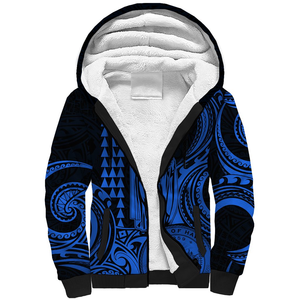Custom Happy King Kamehameha Day Hawaii Sherpa Hoodie Paradise of the Pacific Tribal Kakau with Kanaka Maoli - Blue - Wonder Print Shop