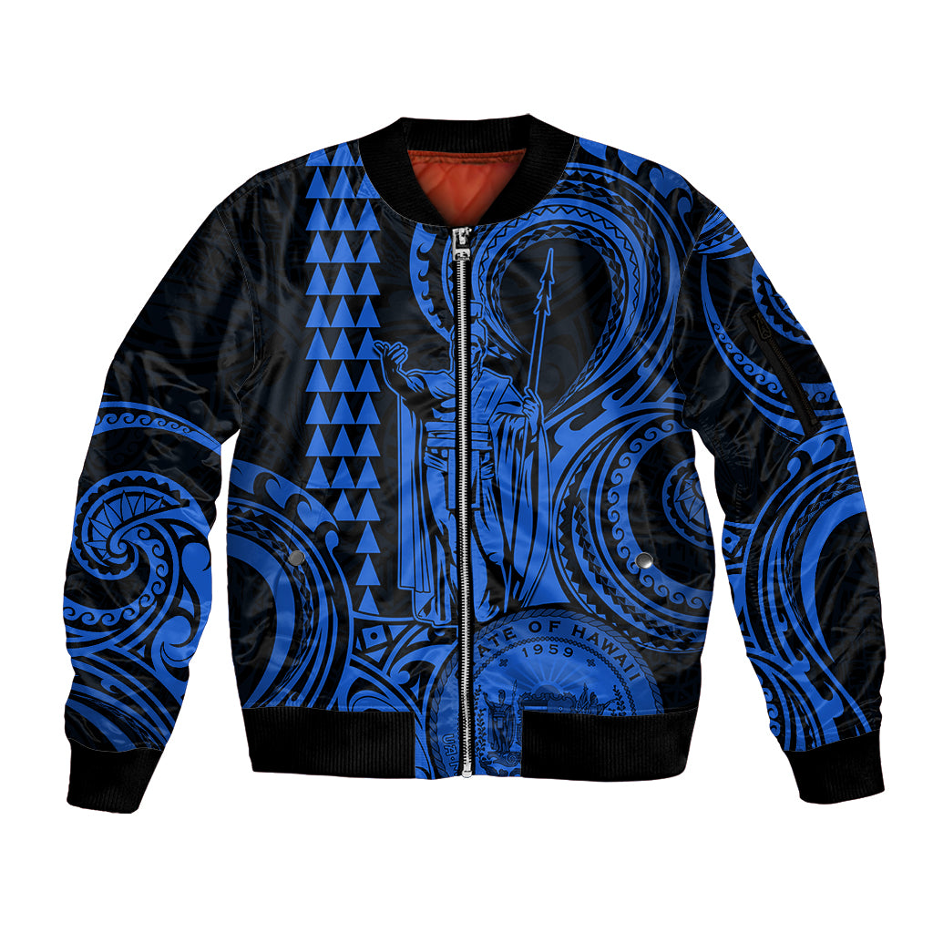 Custom Happy King Kamehameha Day Hawaii Sleeve Zip Bomber Jacket Paradise of the Pacific Tribal Kakau with Kanaka Maoli - Blue - Wonder Print Shop