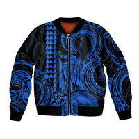 Custom Happy King Kamehameha Day Hawaii Sleeve Zip Bomber Jacket Paradise of the Pacific Tribal Kakau with Kanaka Maoli - Blue - Wonder Print Shop