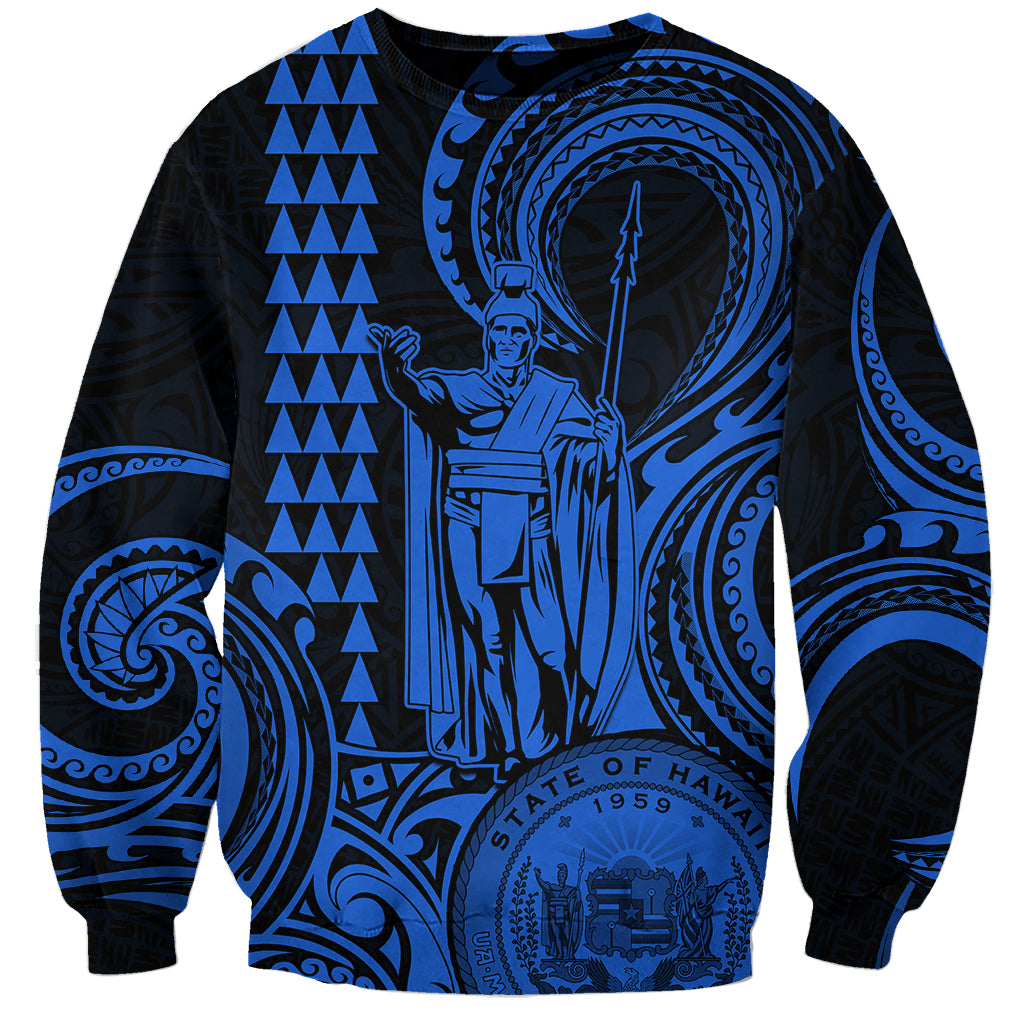 Custom Happy King Kamehameha Day Hawaii Sweatshirt Paradise of the Pacific Tribal Kakau with Kanaka Maoli - Blue - Wonder Print Shop