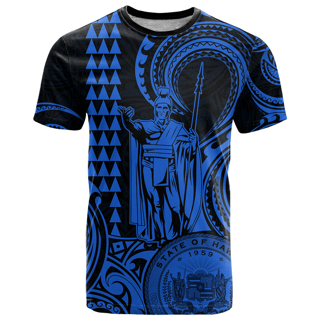 Custom Happy King Kamehameha Day Hawaii T Shirt Paradise of the Pacific Tribal Kakau with Kanaka Maoli - Blue - Wonder Print Shop
