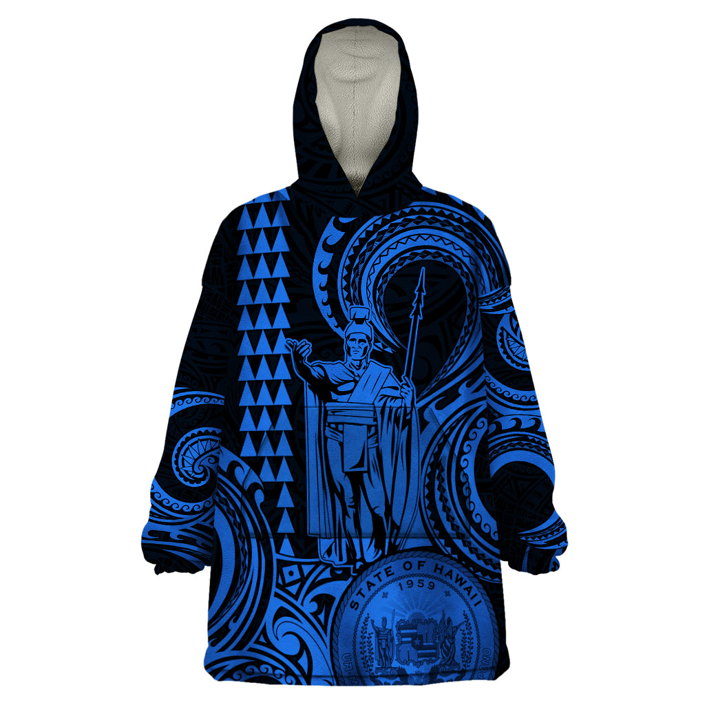 Custom Happy King Kamehameha Day Hawaii Wearable Blanket Hoodie Paradise of the Pacific Tribal Kakau with Kanaka Maoli - Blue - Wonder Print Shop