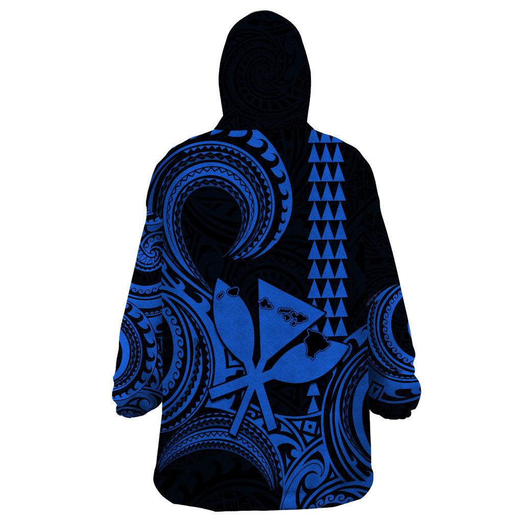 Custom Happy King Kamehameha Day Hawaii Wearable Blanket Hoodie Paradise of the Pacific Tribal Kakau with Kanaka Maoli - Blue - Wonder Print Shop