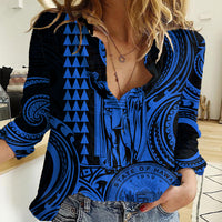 Custom Happy King Kamehameha Day Hawaii Women Casual Shirt Paradise of the Pacific Tribal Kakau with Kanaka Maoli - Blue - Wonder Print Shop