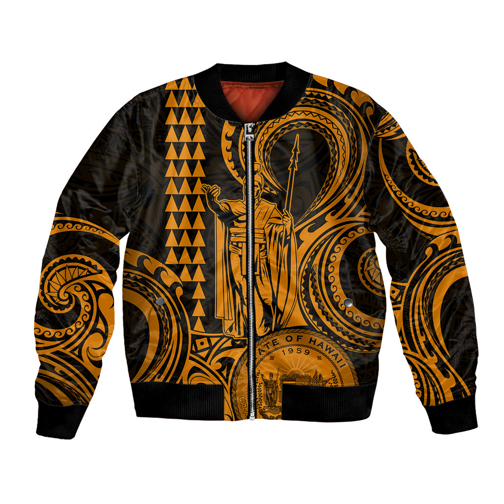 Custom Happy King Kamehameha Day Hawaii Bomber Jacket Paradise of the Pacific Tribal Kakau with Kanaka Maoli - Gold LT9 - Wonder Print Shop