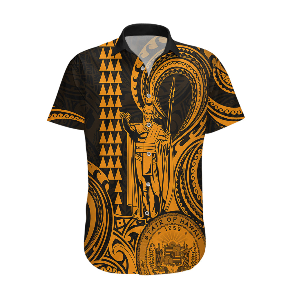 Custom Happy King Kamehameha Day Hawaii Hawaiian Shirt Paradise of the Pacific Tribal Kakau with Kanaka Maoli - Gold - Wonder Print Shop