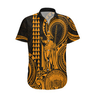 Custom Happy King Kamehameha Day Hawaii Hawaiian Shirt Paradise of the Pacific Tribal Kakau with Kanaka Maoli - Gold - Wonder Print Shop