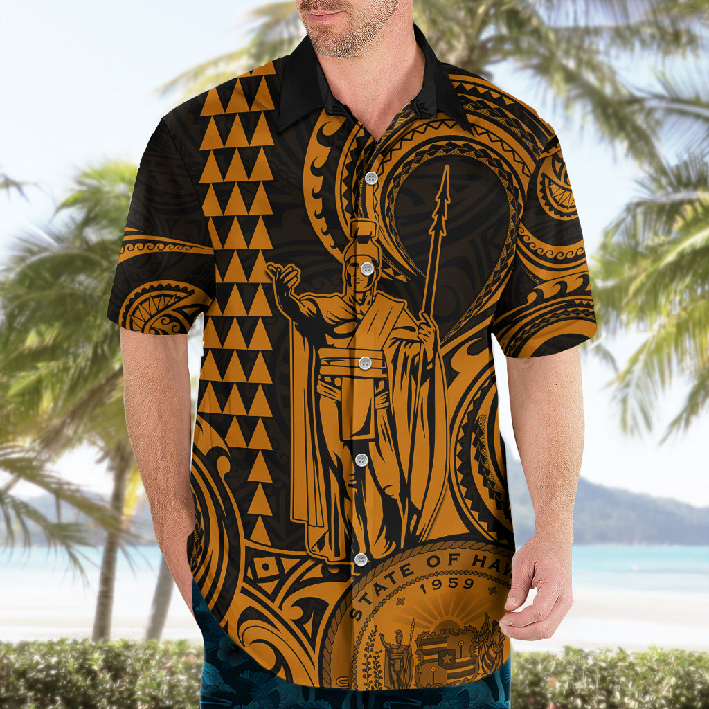 Custom Happy King Kamehameha Day Hawaii Hawaiian Shirt Paradise of the Pacific Tribal Kakau with Kanaka Maoli - Gold - Wonder Print Shop
