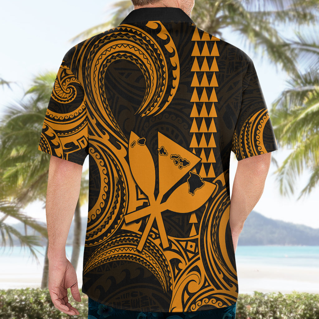 Custom Happy King Kamehameha Day Hawaii Hawaiian Shirt Paradise of the Pacific Tribal Kakau with Kanaka Maoli - Gold - Wonder Print Shop
