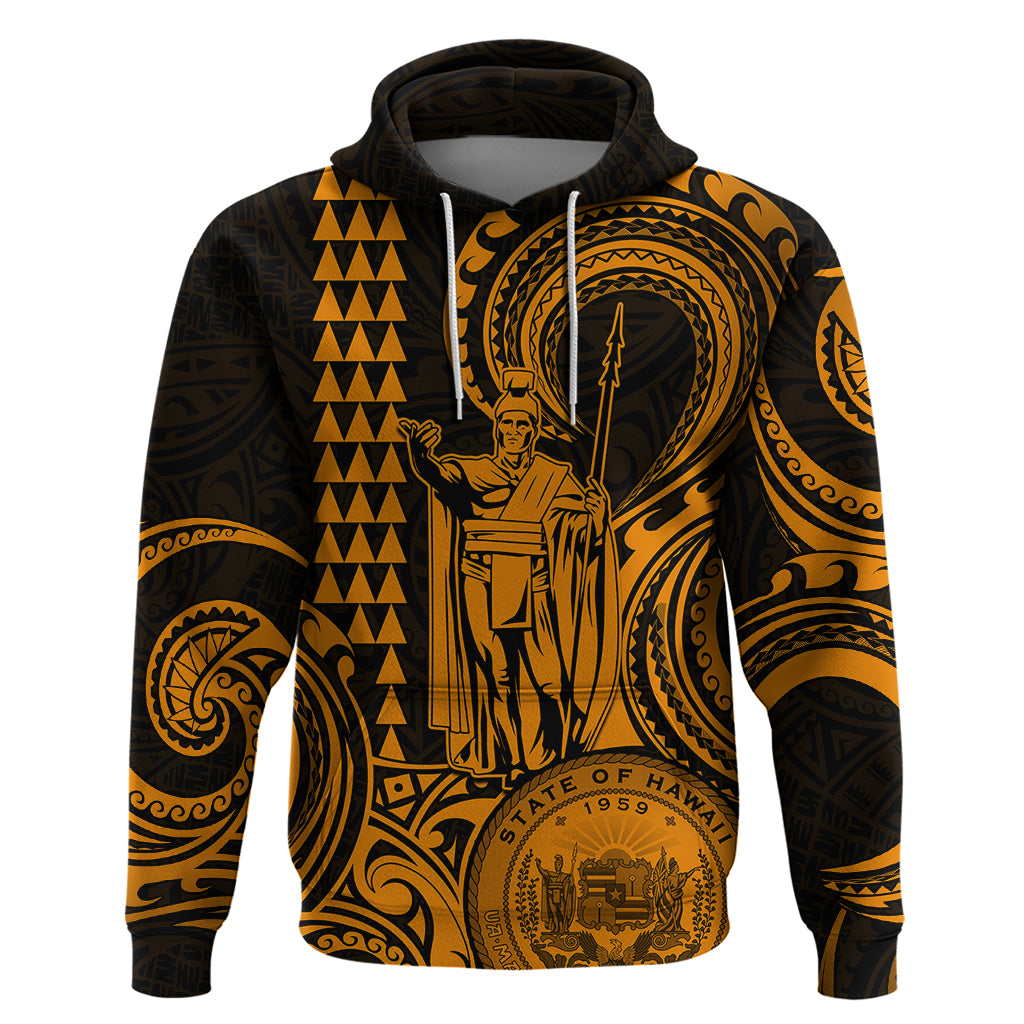 Custom Happy King Kamehameha Day Hawaii Hoodie Paradise of the Pacific Tribal Kakau with Kanaka Maoli - Gold - Wonder Print Shop