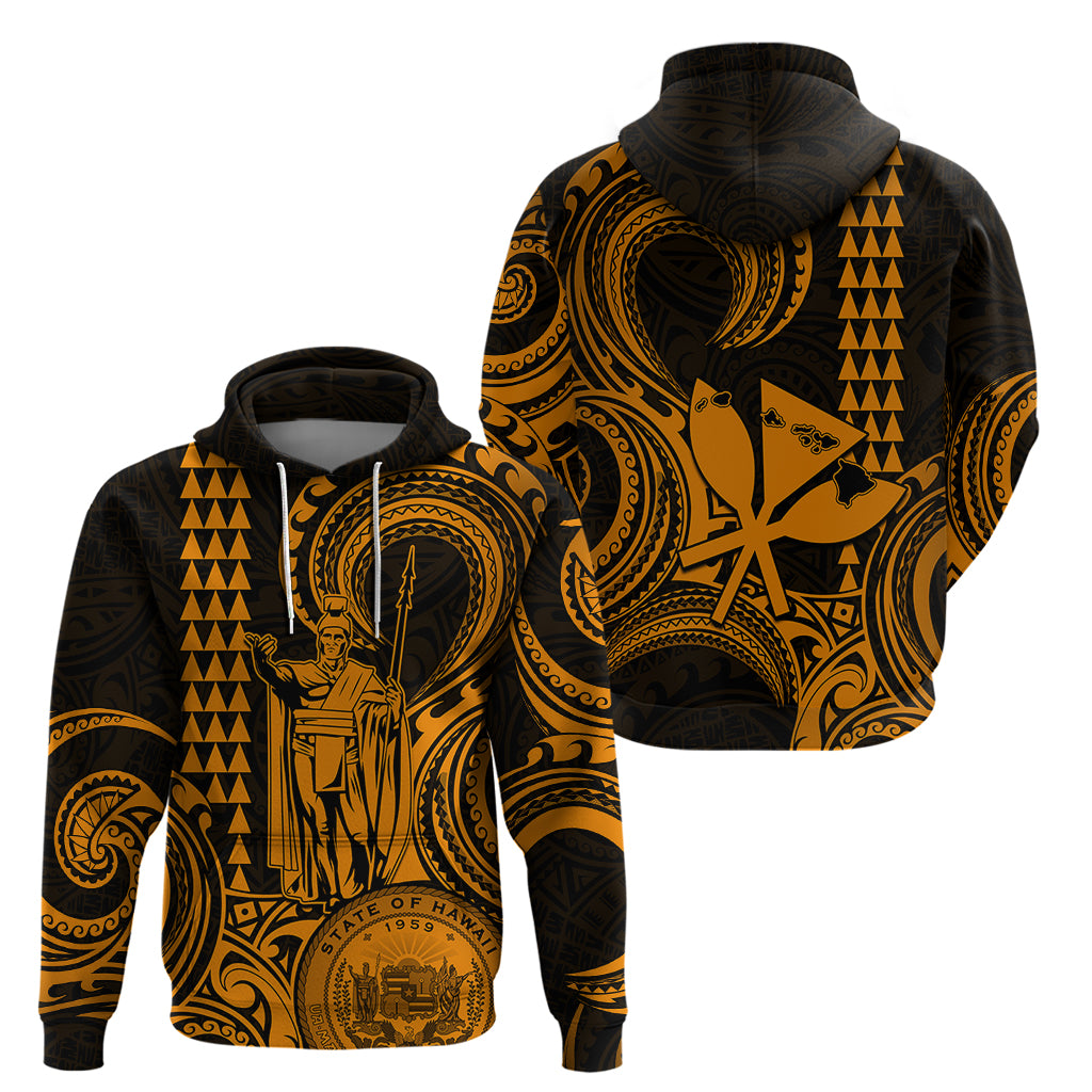 Custom Happy King Kamehameha Day Hawaii Hoodie Paradise of the Pacific Tribal Kakau with Kanaka Maoli - Gold - Wonder Print Shop