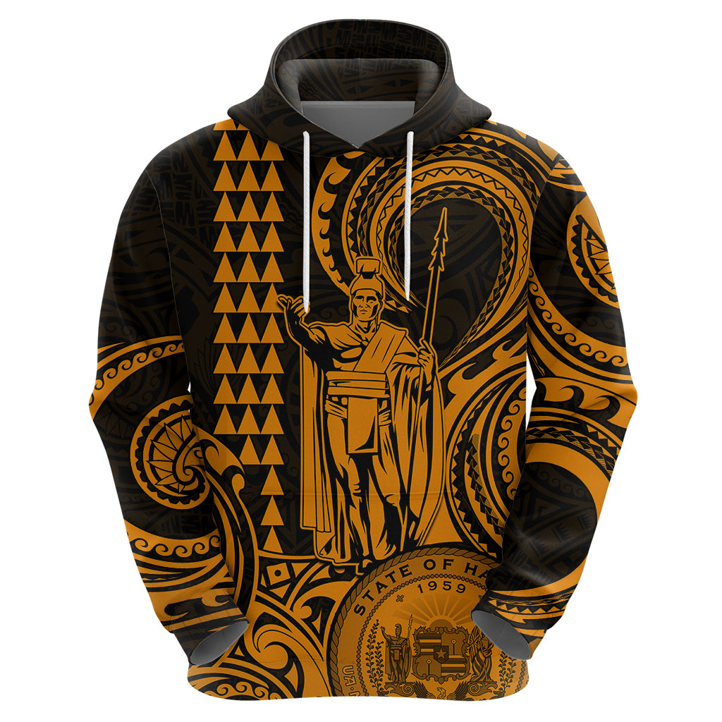 Custom Happy King Kamehameha Day Hawaii Hoodie Paradise of the Pacific Tribal Kakau with Kanaka Maoli - Gold - Wonder Print Shop