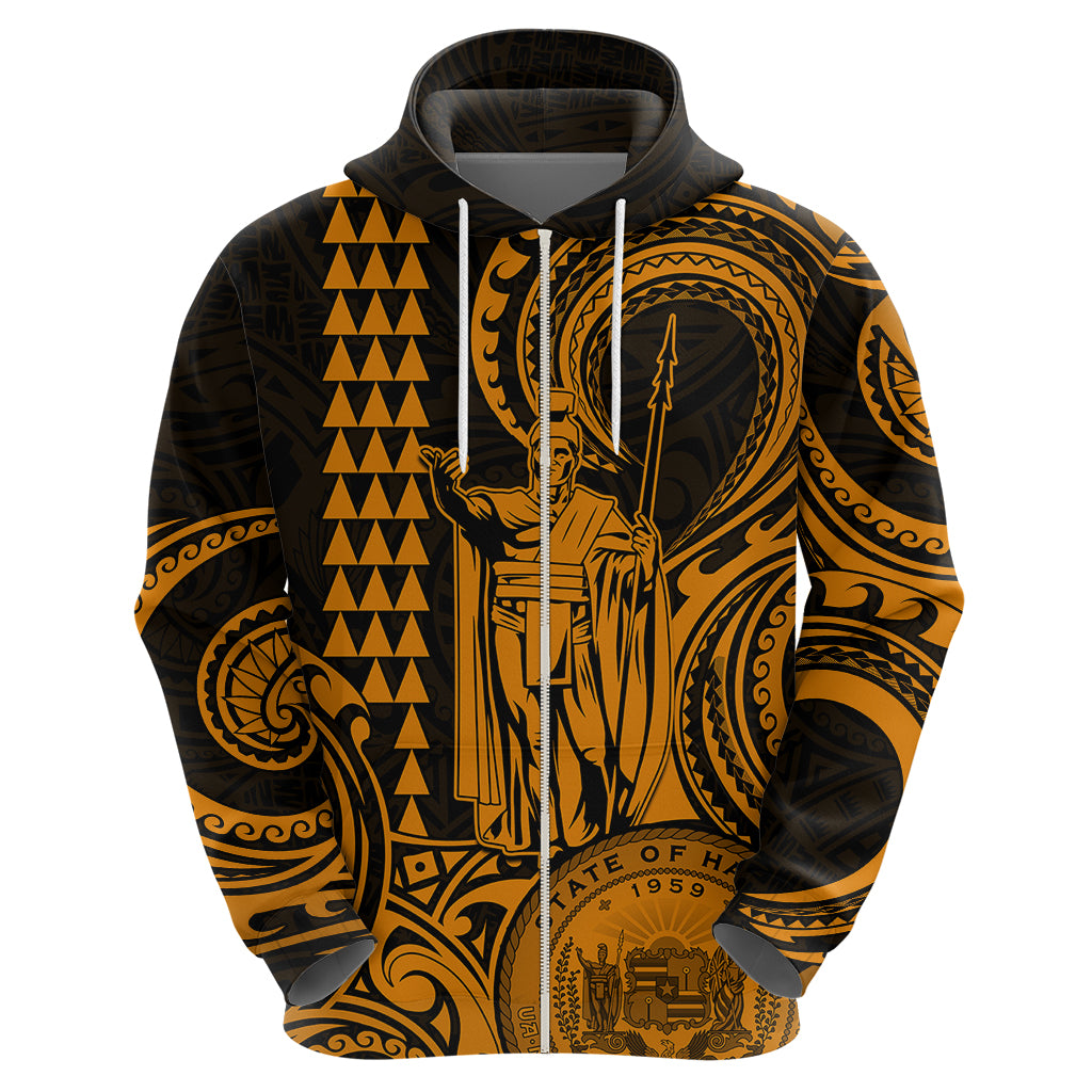 Custom Happy King Kamehameha Day Hawaii Hoodie Paradise of the Pacific Tribal Kakau with Kanaka Maoli - Gold - Wonder Print Shop