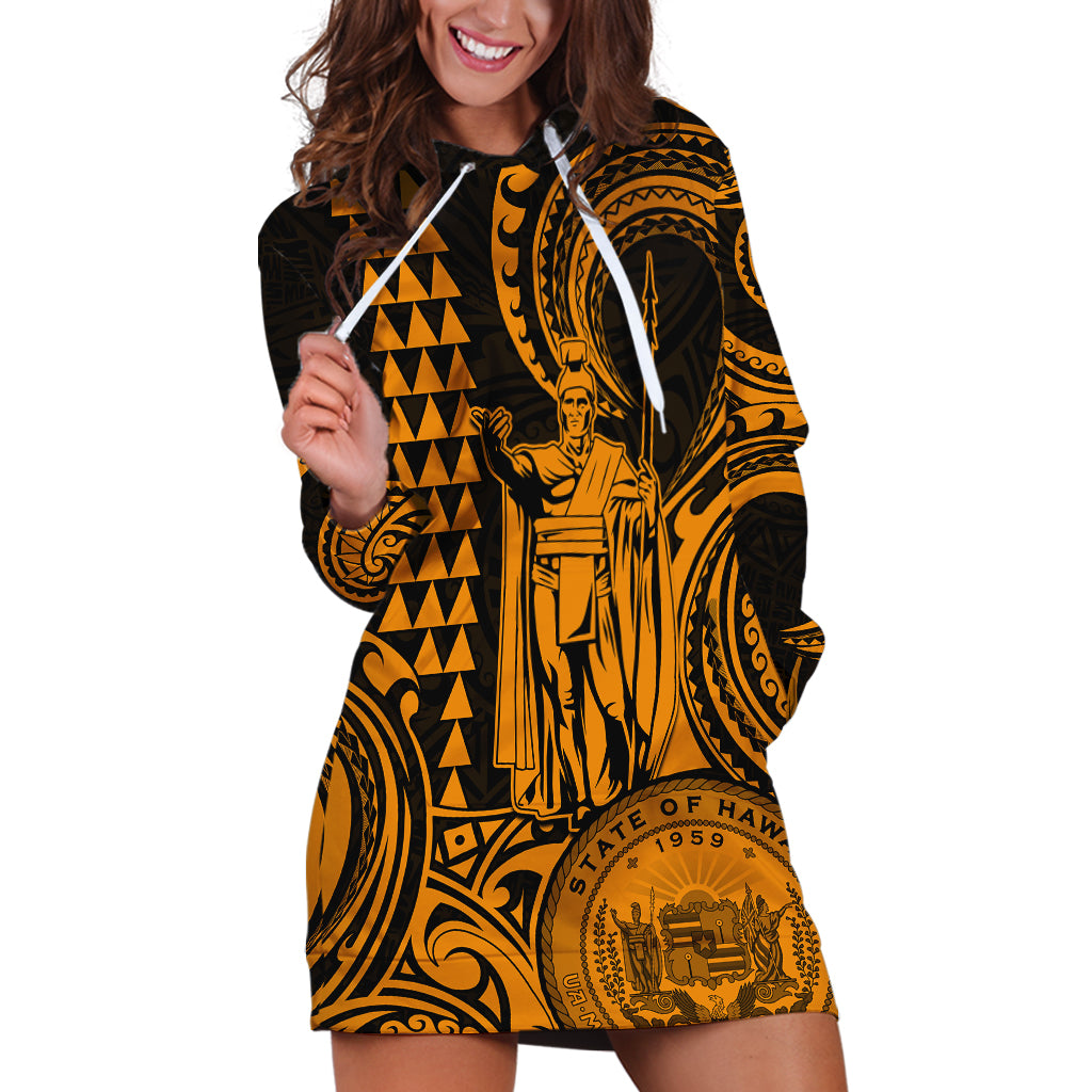Custom Happy King Kamehameha Day Hawaii Hoodie Dress Paradise of the Pacific Tribal Kakau with Kanaka Maoli - Gold - Wonder Print Shop