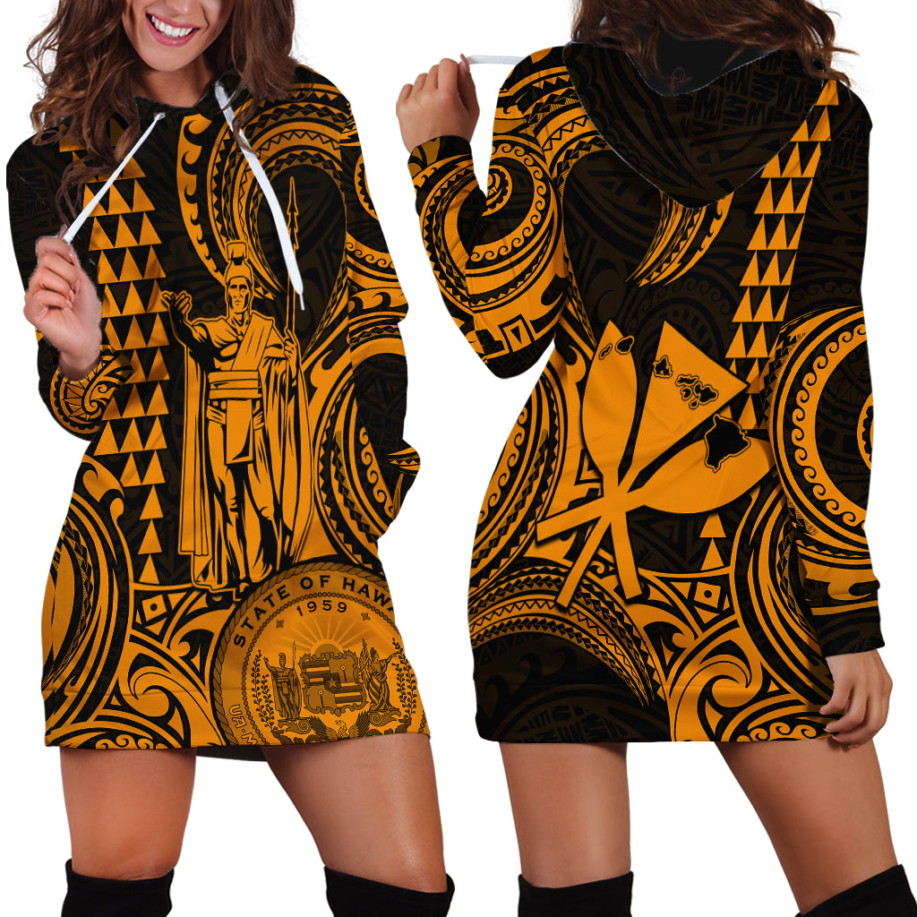 Custom Happy King Kamehameha Day Hawaii Hoodie Dress Paradise of the Pacific Tribal Kakau with Kanaka Maoli - Gold - Wonder Print Shop