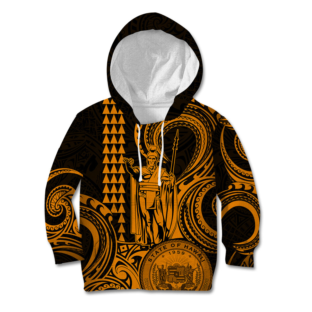 Custom Happy King Kamehameha Day Hawaii Kid Hoodie Paradise of the Pacific Tribal Kakau with Kanaka Maoli - Gold - Wonder Print Shop