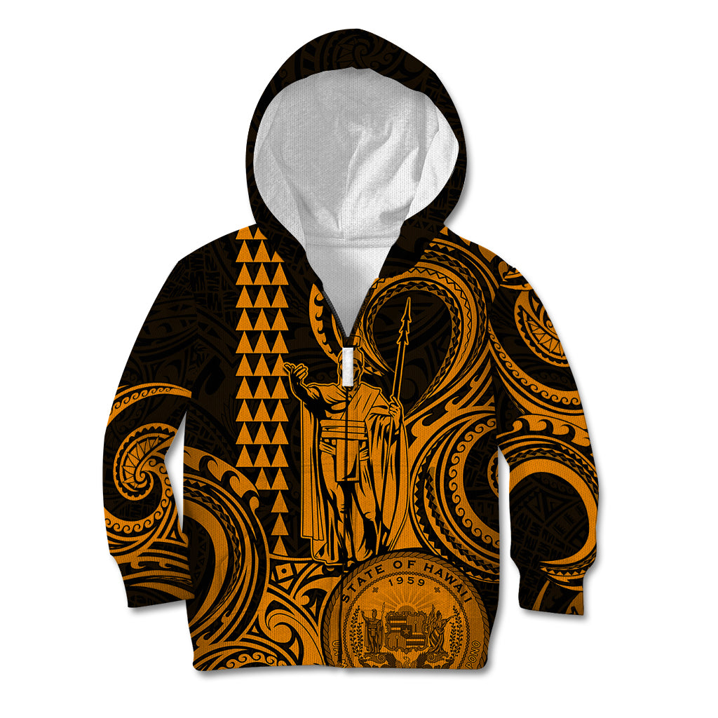 Custom Happy King Kamehameha Day Hawaii Kid Hoodie Paradise of the Pacific Tribal Kakau with Kanaka Maoli - Gold - Wonder Print Shop