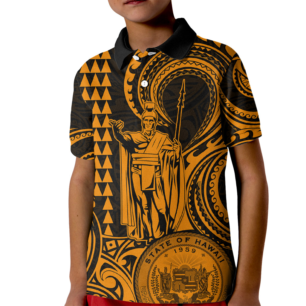 Custom Happy King Kamehameha Day Hawaii Kid Polo Shirt Paradise of the Pacific Tribal Kakau with Kanaka Maoli - Gold - Wonder Print Shop