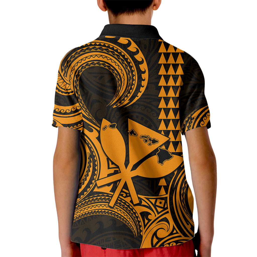 Custom Happy King Kamehameha Day Hawaii Kid Polo Shirt Paradise of the Pacific Tribal Kakau with Kanaka Maoli - Gold - Wonder Print Shop