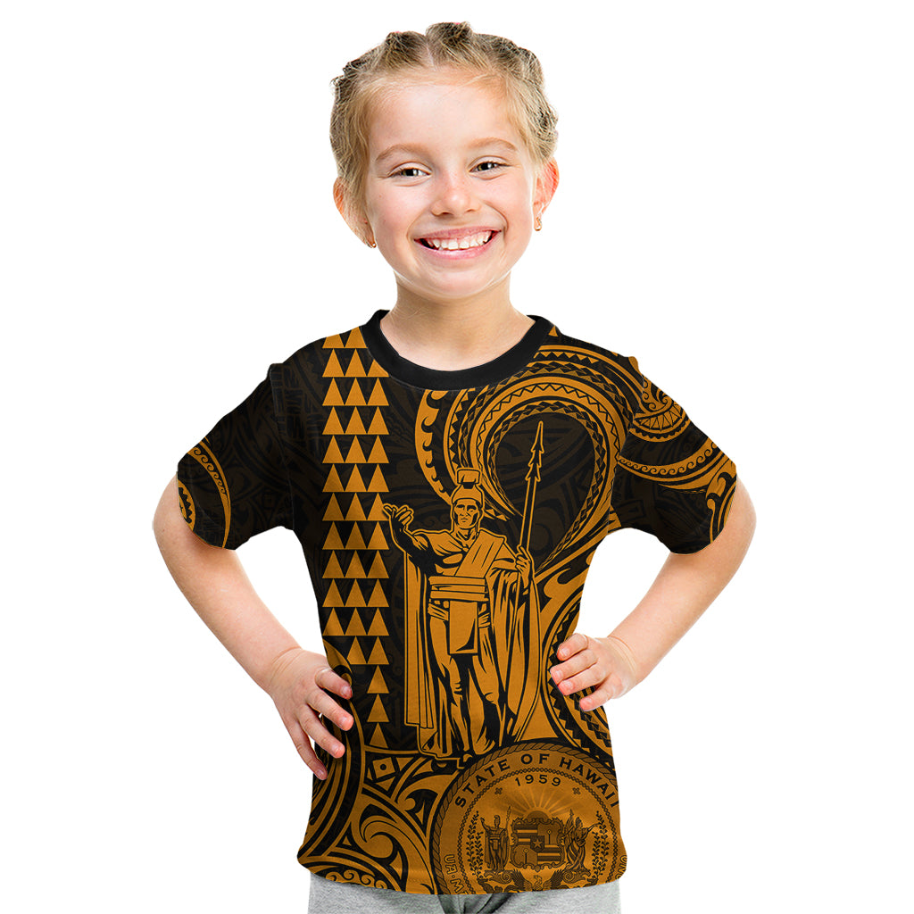 Custom Happy King Kamehameha Day Hawaii Kid T Shirt Paradise of the Pacific Tribal Kakau with Kanaka Maoli - Gold - Wonder Print Shop
