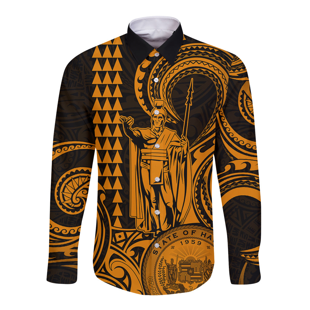 Custom Happy King Kamehameha Day Hawaii Long Sleeve Button Shirt Paradise of the Pacific Tribal Kakau with Kanaka Maoli - Gold - Wonder Print Shop