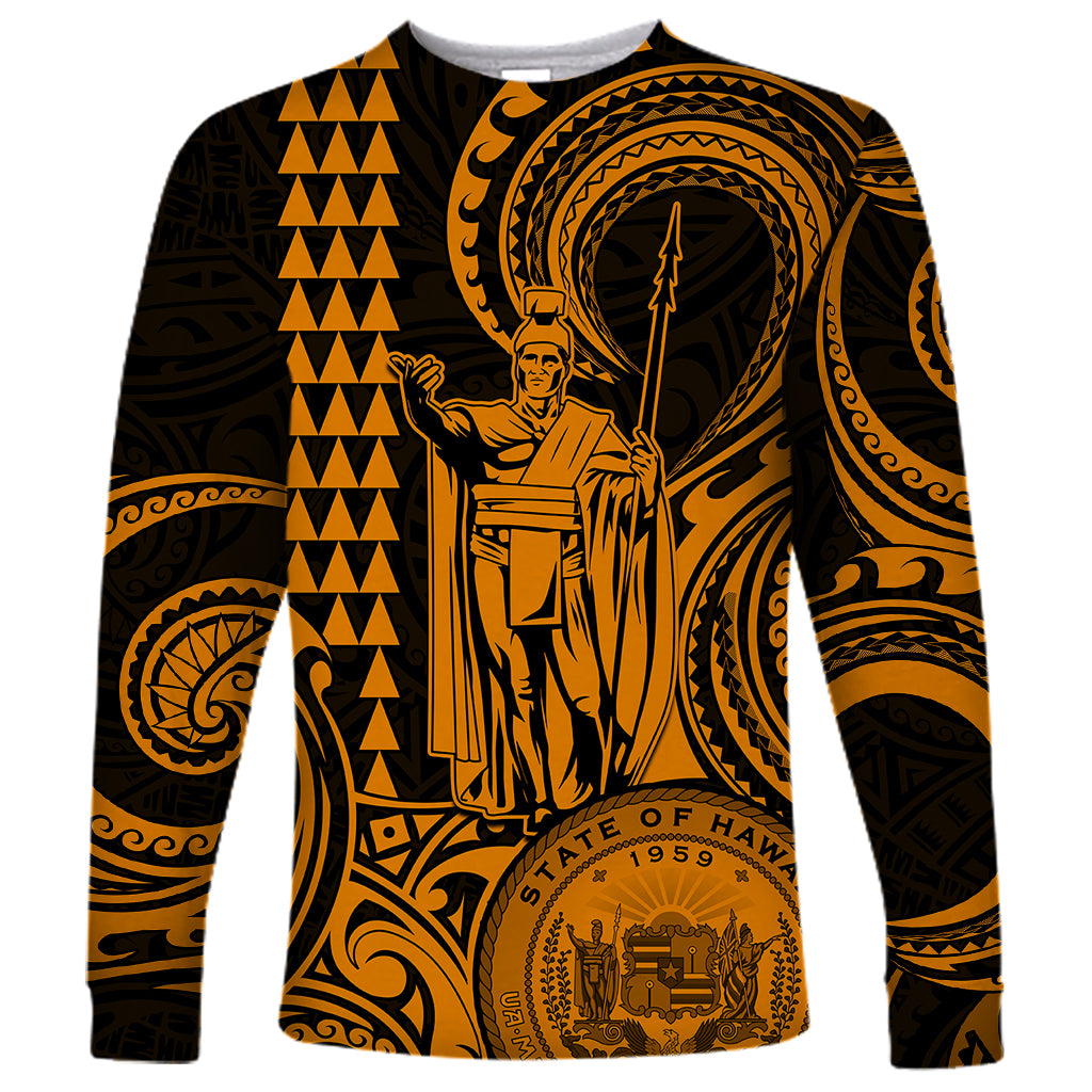 Custom Happy King Kamehameha Day Hawaii Long Sleeve Shirt Paradise of the Pacific Tribal Kakau with Kanaka Maoli - Gold - Wonder Print Shop