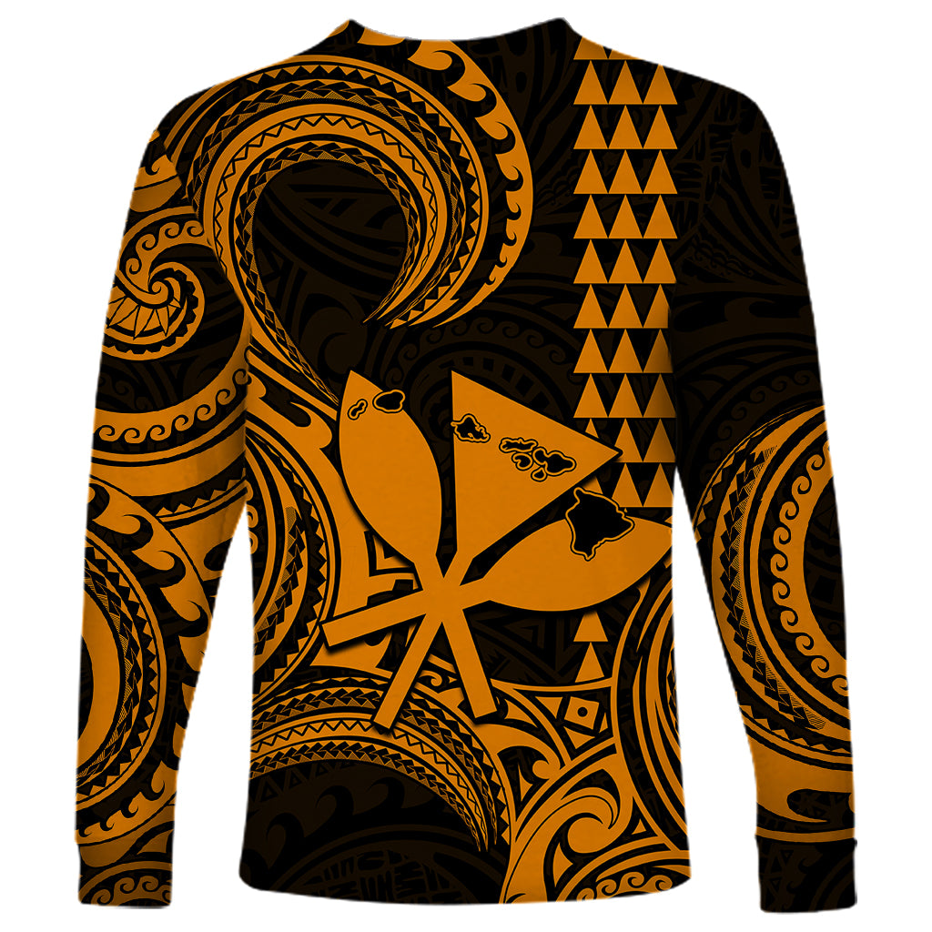 Custom Happy King Kamehameha Day Hawaii Long Sleeve Shirt Paradise of the Pacific Tribal Kakau with Kanaka Maoli - Gold - Wonder Print Shop