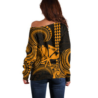 Custom Happy King Kamehameha Day Hawaii Off Shoulder Sweater Paradise of the Pacific Tribal Kakau with Kanaka Maoli - Gold - Wonder Print Shop