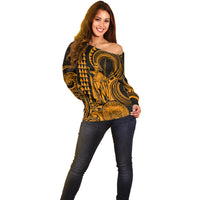 Custom Happy King Kamehameha Day Hawaii Off Shoulder Sweater Paradise of the Pacific Tribal Kakau with Kanaka Maoli - Gold - Wonder Print Shop