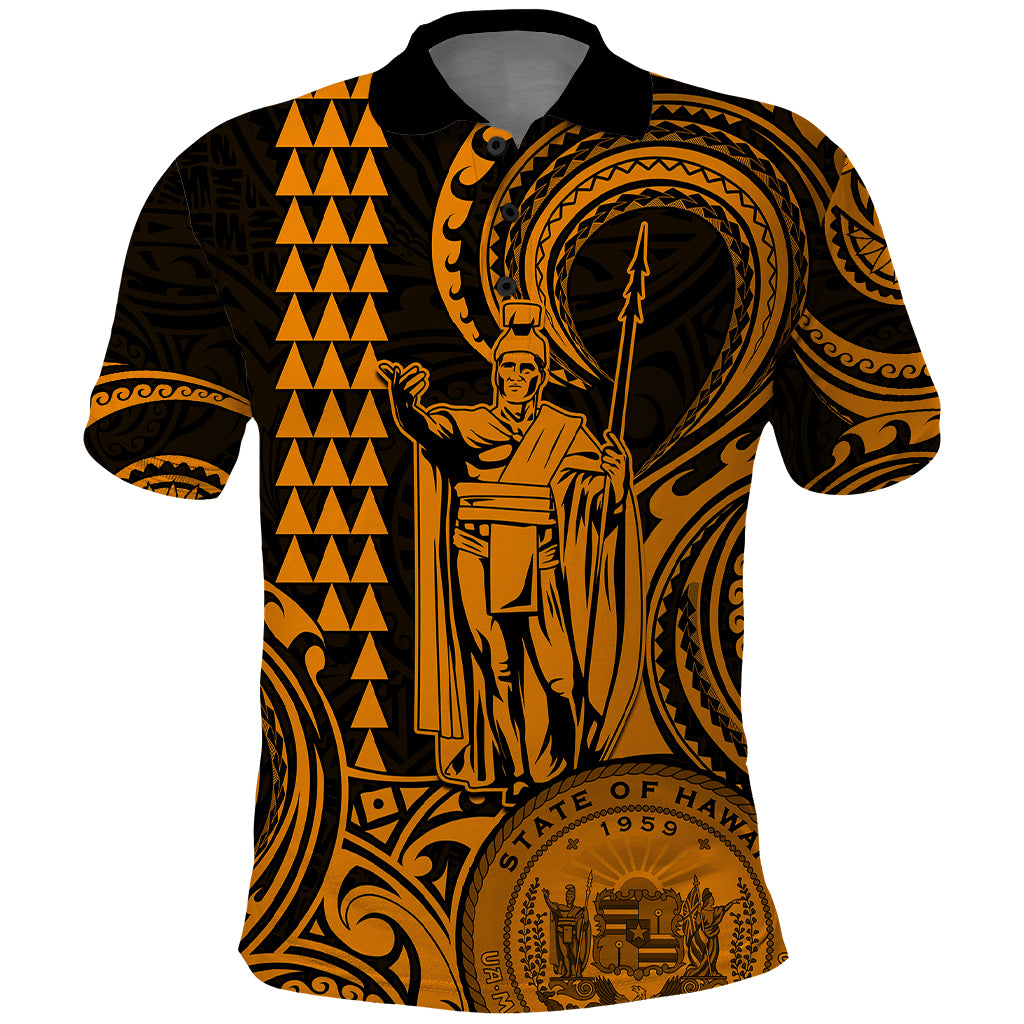 Custom Happy King Kamehameha Day Hawaii Polo Shirt Paradise of the Pacific Tribal Kakau with Kanaka Maoli - Gold - Wonder Print Shop